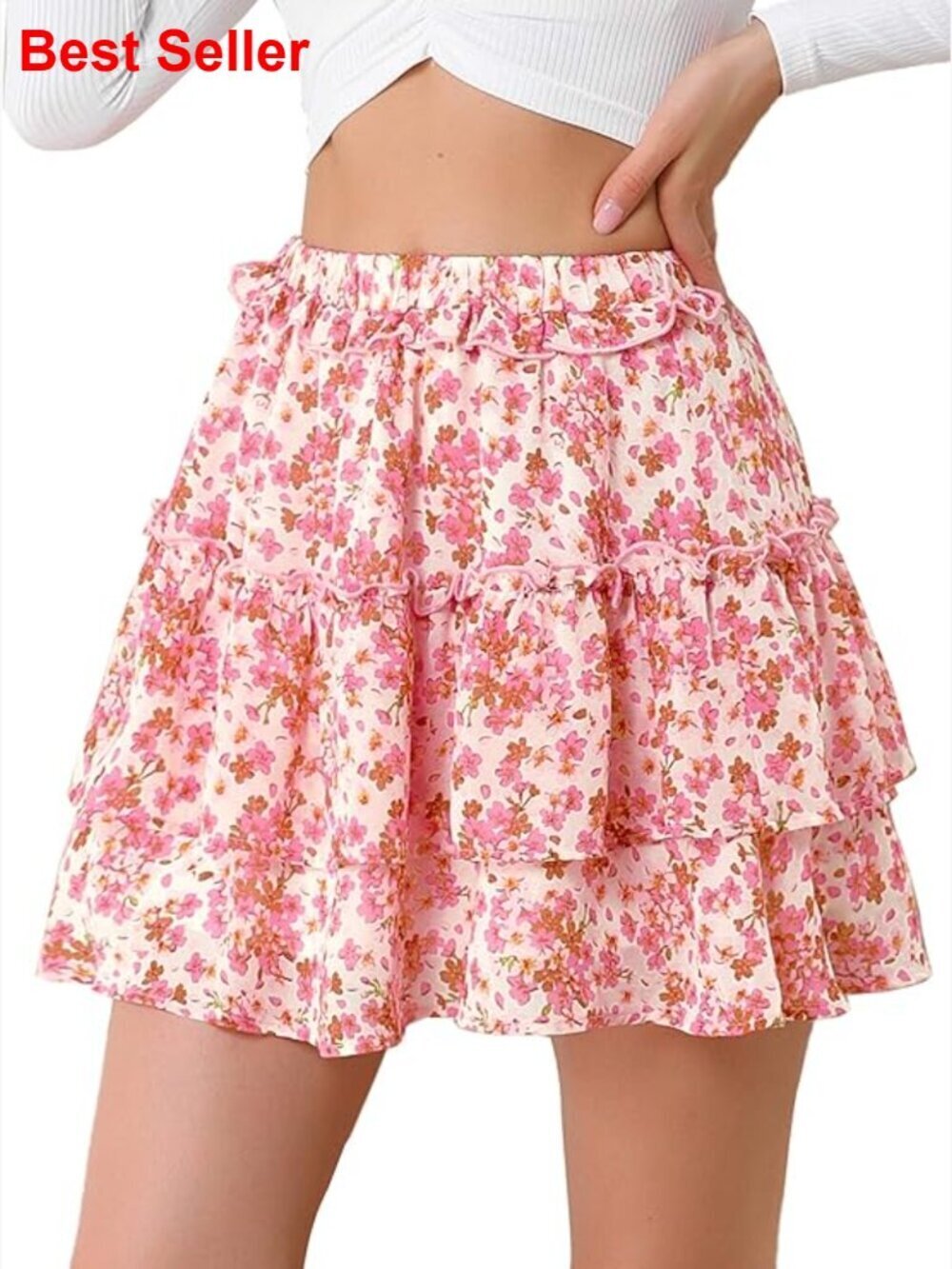 Layered Ruffle Hem Elastic Waist A-Line Skater Floral Mini Skirt